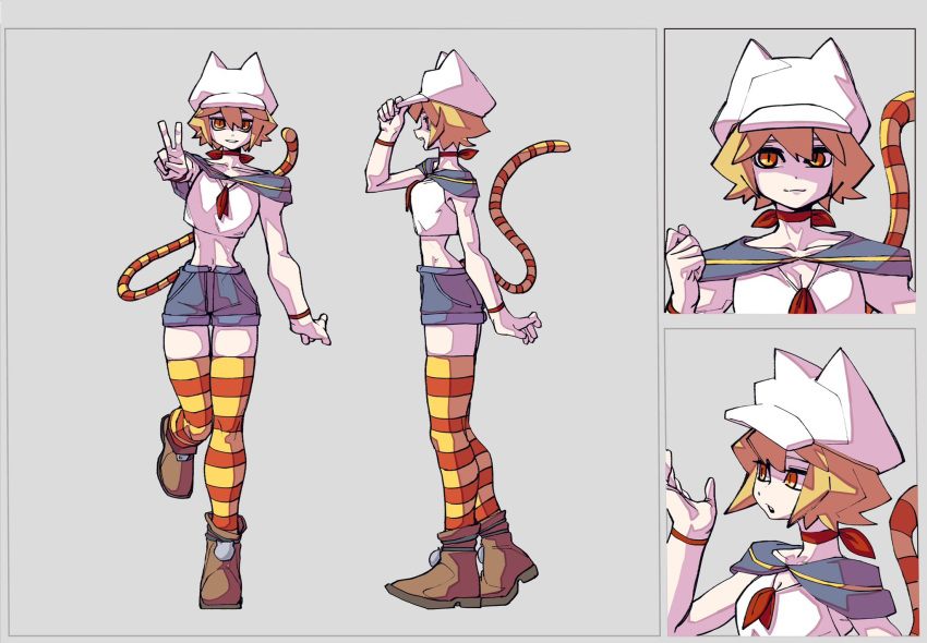 1girl, bone_nigi, boots, cat_girl, cat_tail, catty_(bone_nigi), full_body, grey_background