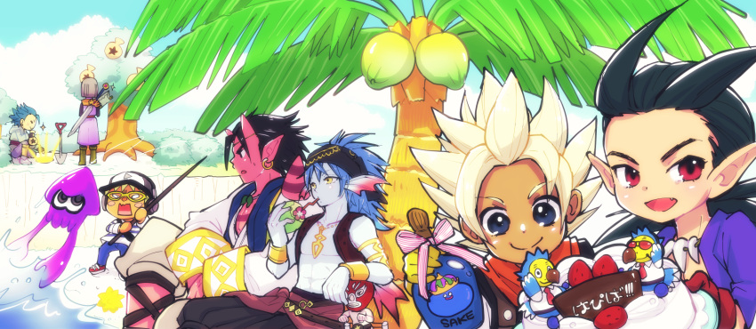 6+boys, :d, abs, alcohol, animal_crossing, armlet, black_hair, black_vest