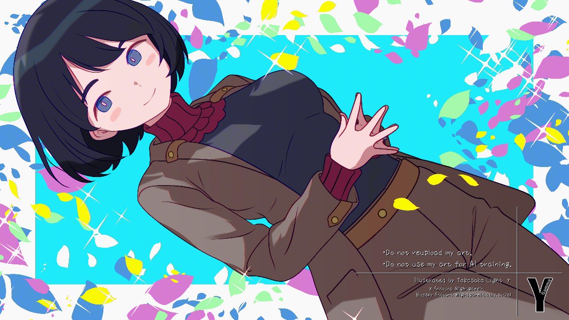 1girl, artist_name, belt, black_hair, blue_background, blue_eyes, bluesky_username, blush_stickers, border, breasts, brown_belt, brown_jacket, brown_pants, commentary, dutch_angle, english_text, gundam, gundam_gquuuuuux, hashtag-only_commentary, jacket, large_breasts, looking_at_viewer, pants, shiiko_sugai, smile, solo, steepled_fingers, takasaka_light, turtleneck, twitter_username, white_border