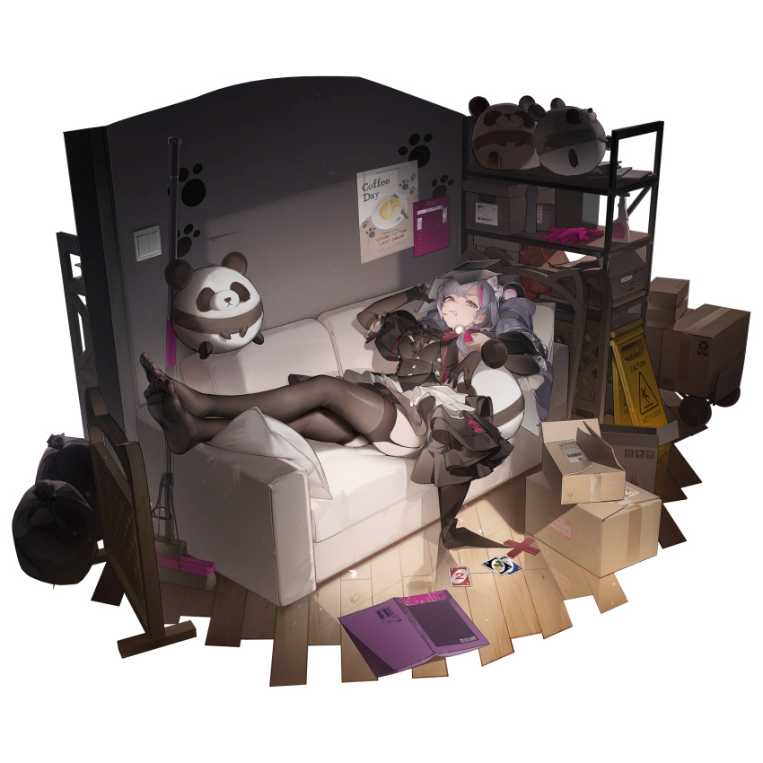 1girl, artist_request, black_dress, black_thighhighs, blue_eyes, book, book_on_head, box