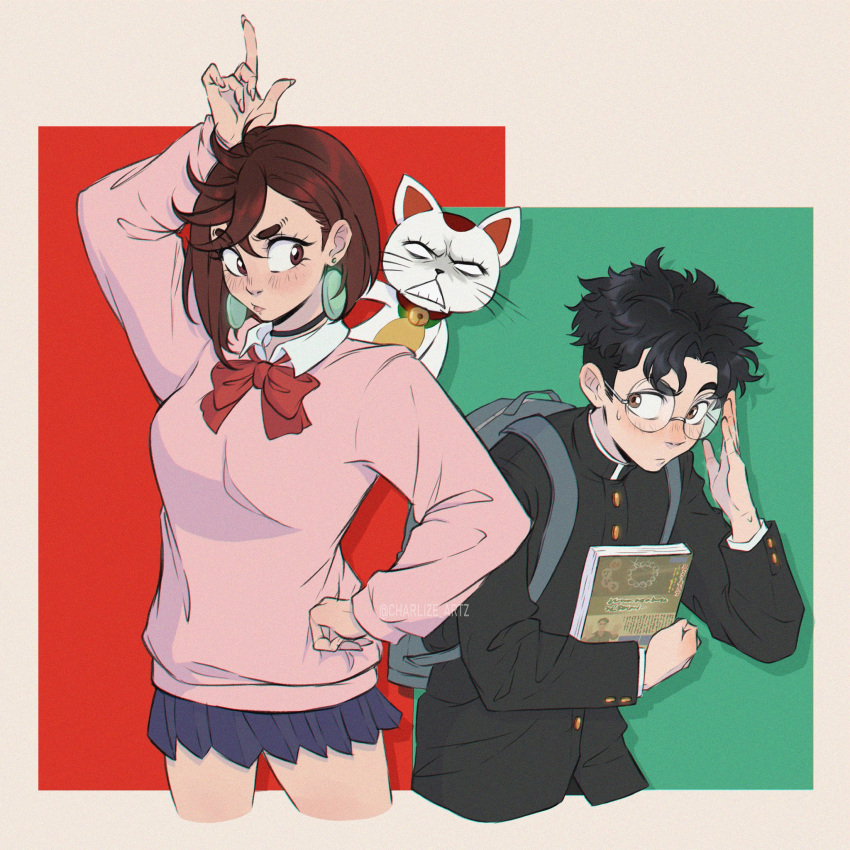 1boy, 1girl, adjusting_eyewear, arm_up, ayase_momo, backpack, bag, bell, black_choker, black_hair, blue_skirt, blush, book, bow, bowtie, breasts, brown_eyes, brown_hair, buttons, cat, charlize_norman, choker, closed_mouth, collared_shirt, cropped_legs, dandadan, earrings, english_commentary, gakuran, glasses, hair_behind_ear, hand_on_own_hip, highres, holding, holding_book, index_finger_raised, jewelry, long_sleeves, looking_at_another, loose_bowtie, medium_breasts, medium_hair, messy_hair, miniskirt, neck_bell, pink_sweater, pleated_skirt, red_bow, red_bowtie, round_eyewear, school_uniform, shirt, short_hair, sideways_glance, skirt, sweatdrop, sweater, takakura_ken_(dandadan), turbo_granny_(dandandan), white_shirt