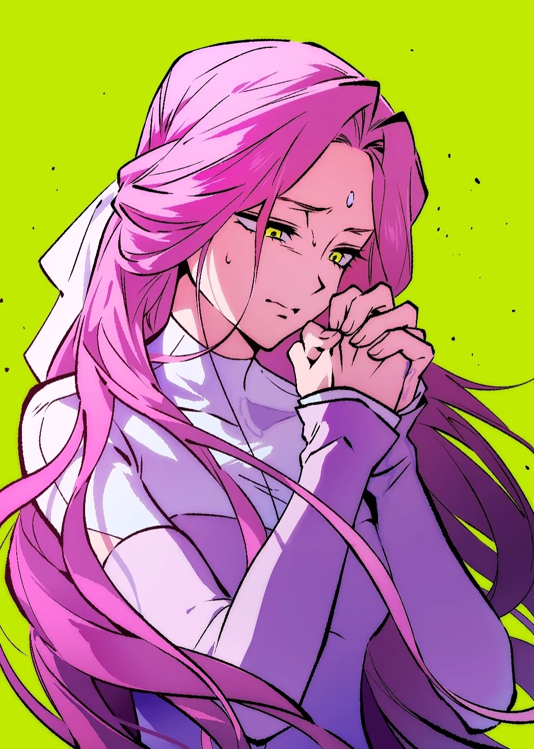 1girl, alien_stage, closed_mouth, commentary, dress, english_commentary, forehead_jewel, hair_ribbon