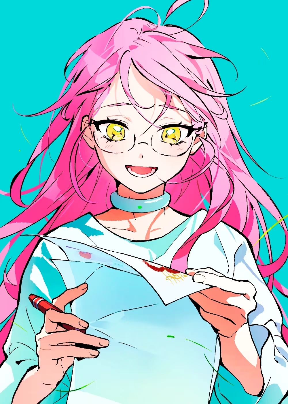 1girl, alien_stage, blue_background, choker, commentary, crayon, dress, english_commentary