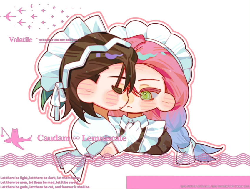 2girls, alien_stage, black_dress, black_hair, blue_hair, closed_eyes, commentary, dress