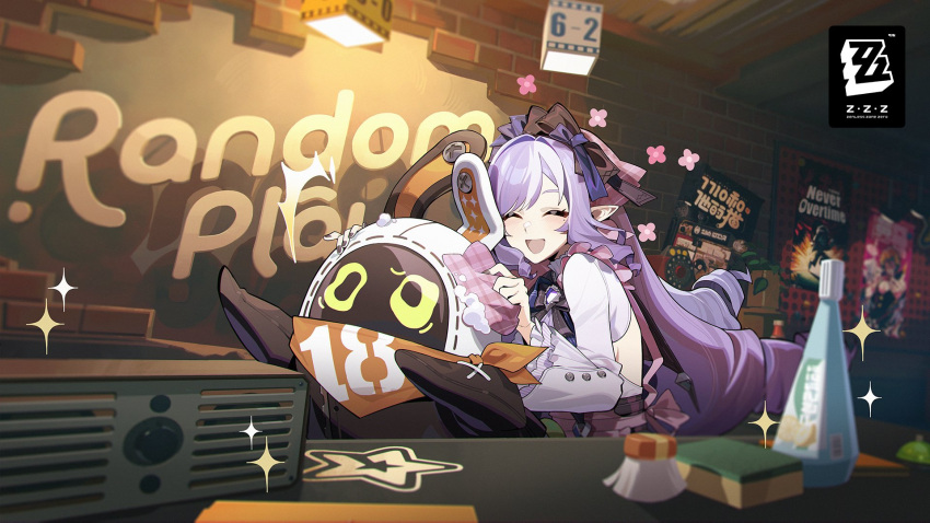 1girl, 1other, bandana, bandana_around_neck, bangboo_(zenless_zone_zero), bangboo_18_(zenless_zone_zero), blush, closed_eyes, english_commentary, english_text, highres, labor_day, official_art, open_mouth, orange_bandana, purple_hair, smile, vivian_(zenless_zone_zero), zenless_zone_zero