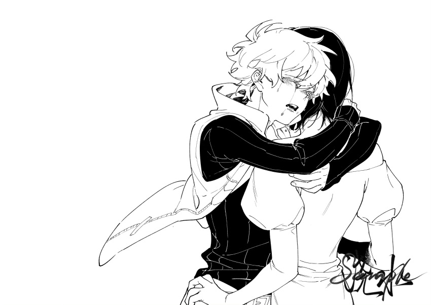 2girls, absurdres, alien_stage, chinese_commentary, commentary, crying, greyscale, highres