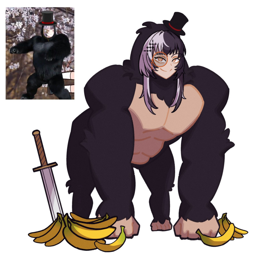 1girl, banana, black_hair, closed_mouth, food, fruit, gorilla_costume, grey_hair
