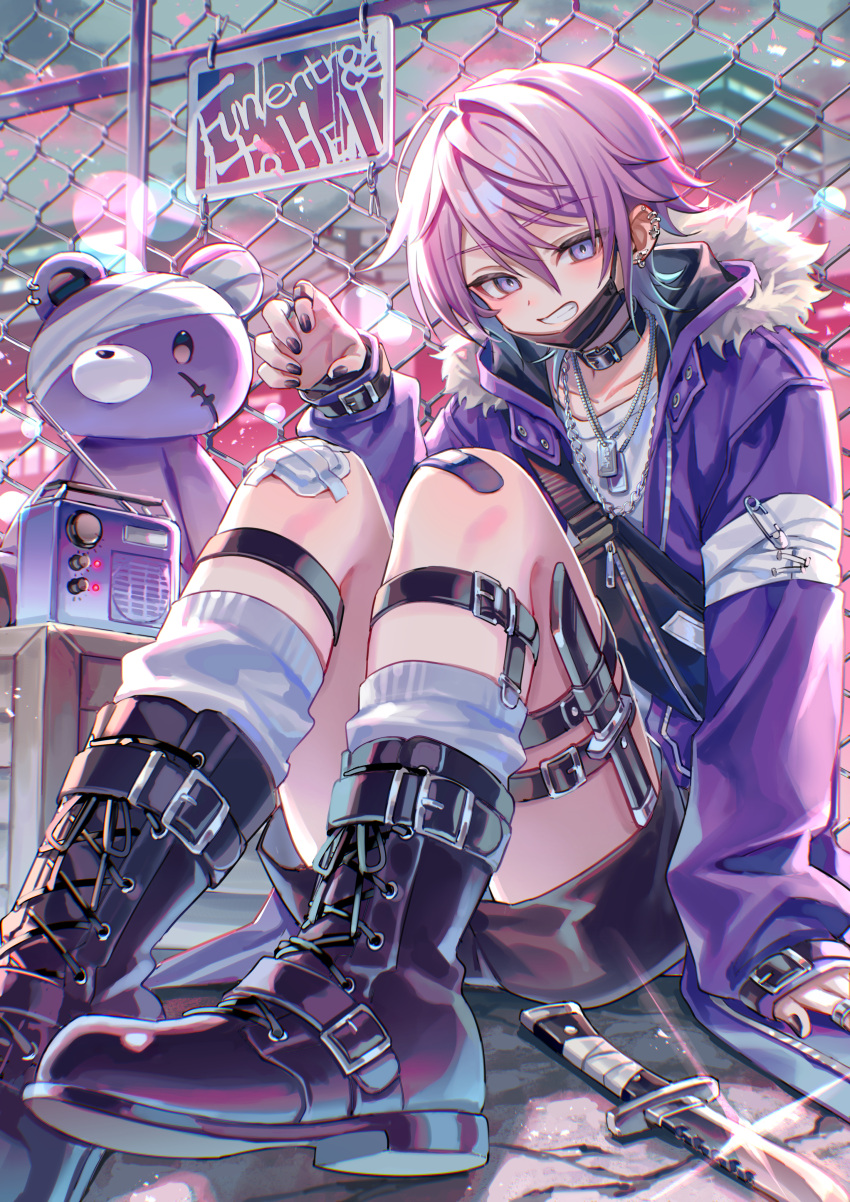 1boy, absurdres, ankle_boots, arm_support, bag, bandaged_leg, bandages, bandaid, bandaid_on_leg, black_boots, black_nails, black_shorts, blue_hair, boots, box, chain-link_fence, claw_pose, commentary_request, dog_tags, ear_piercing, fence, fur_collar, gradient_hair, grin, highres, holster, knife, looking_at_viewer, male_focus, mask, mask_around_neck, multicolored_hair, nail_polish, original, outdoors, piercing, pink_hair, radio, shirt, short_hair, shorts, sleeves_past_fingers, sleeves_past_wrists, smile, socks, solo, stuffed_animal, stuffed_toy, suzaku_(zaku6584), teddy_bear, thigh_holster, violet_eyes, white_shirt, white_socks