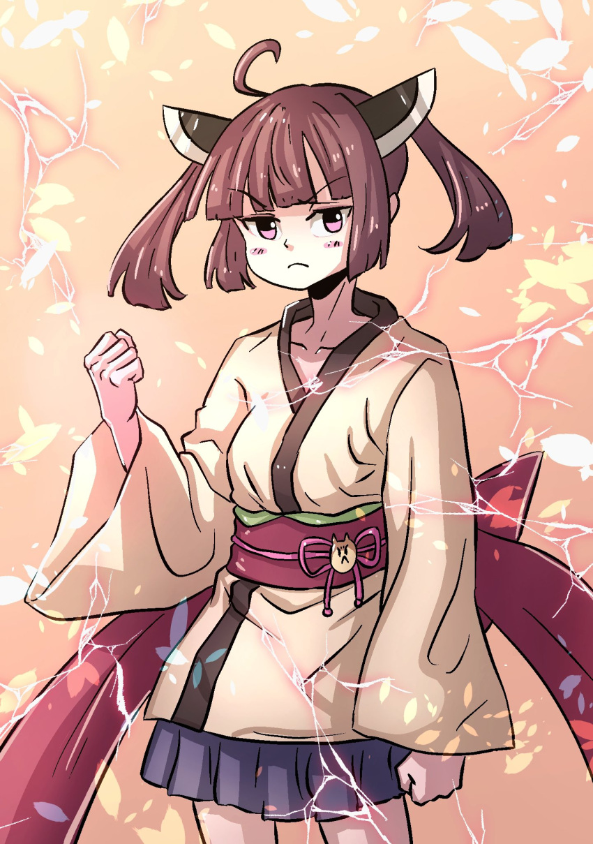 1girl, ahoge, blunt_bangs, blush_stickers, brown_hair, clenched_hand, commentary_request, cowboy_shot