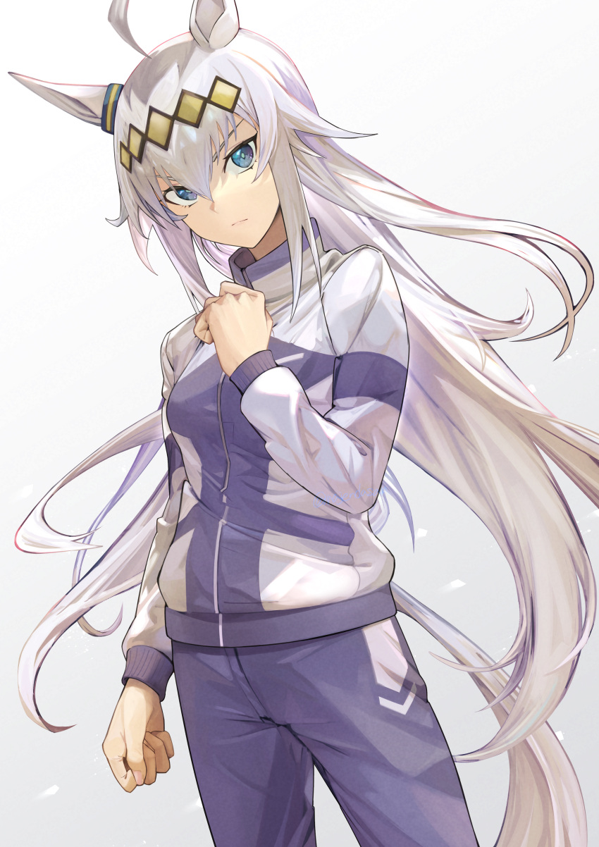 1girl, absurdres, ahoge, animal_ears, blue_eyes, blue_jacket, blue_pants, clenched_hand