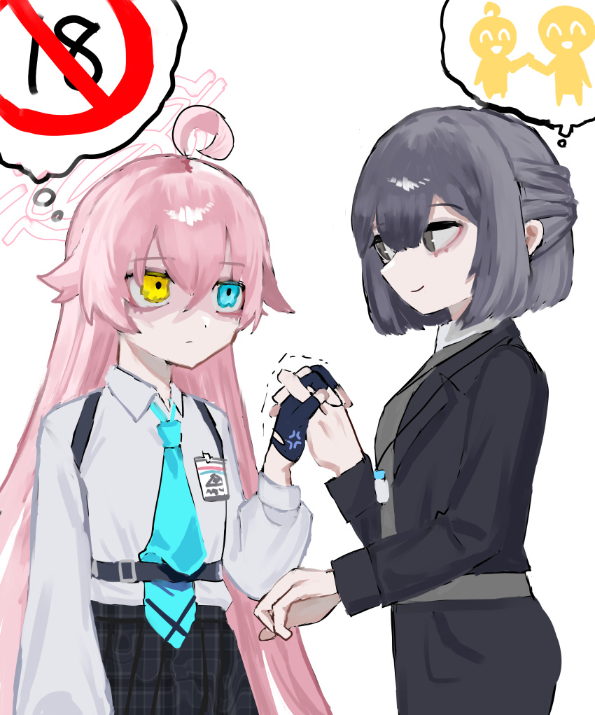 2girls, absurdres, ahoge, blazer, blue_archive, blue_eyes, censored_thought, collared_shirt