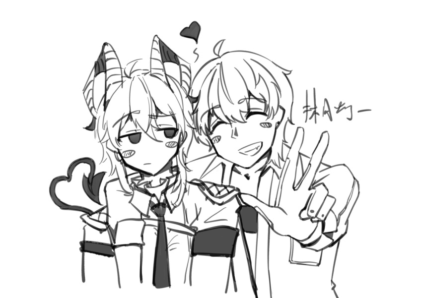 black_jacket, black_tail, blush, chai_(huo-ye), curved_horns, greyscale, heart, heart_tail, highres, horns, jacket, jacket_on_shoulders, male_rover_(wuthering_waves), monochrome, necktie, rover_(wuthering_waves), shirt, smile, tail, v, white_background, white_shirt, wuthering_waves, zani_(wuthering_waves)