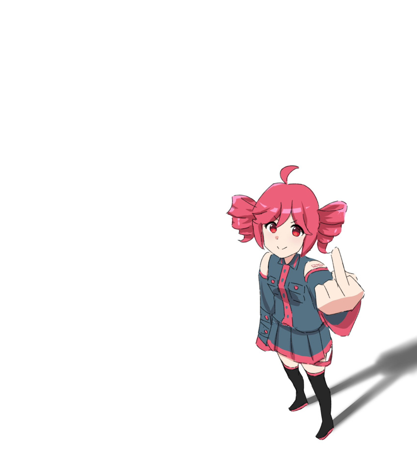 1girl, ahoge, black_boots, boots, closed_mouth, collared_shirt, detached_sleeves, drill_hair