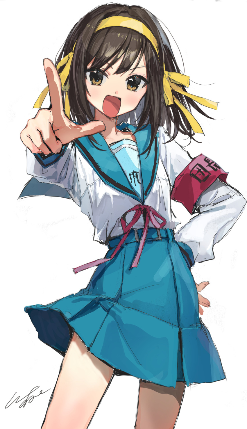 1girl, :d, absurdres, armband, blue_sailor_collar, blue_skirt, brown_eyes, brown_hair