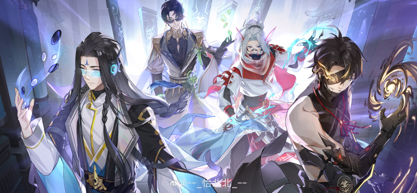 4boys, absurdres, bandaid, bandaid_on_face, bandaid_on_nose, bare_shoulders, black_gloves, black_hair, black_jacket, black_mask, black_pants, black_sash, black_shirt, blonde_hair, blue_eyes, blue_hair, board_game, braid, braised_trepang_(the_tale_of_food), cape, capelet, chili_fishhead_(the_tale_of_food), chin_guard, chinese_clothes, chinese_commentary, chuyi_flower_cake_(the_tale_of_food), claw_pose, closed_mouth, clothing_cutout, covered_mouth, cropped_jacket, curtained_hair, cyberpunk, elbow_gloves, eyepatch, eyewear_strap, facial_mark, fingerless_gloves, fins, fish, flaming_eye, floating, floating_object, flying_fish, forehead_mark, gloves, go_(board_game), green_eyes, grey_eyes, grey_jacket, grin, hair_between_eyes, hand_up, head_fins, highres, hip_vent, hydrokinesis, jacket, jade_(gemstone), lapels, layered_sleeves, long_hair, long_sleeves, looking_at_object, looking_at_viewer, low-braided_long_hair, low-tied_long_hair, male_focus, mask, mechanical_arms, mouth_mask, multicolored_hair, multiple_boys, neck_ribbon, o-ring, object_floating_above_hand, official_art, pants, parted_bangs, parted_lips, pebble, pillar, ponytail, qiabeibei, red_capelet, red_ribbon, ribbon, robot_ears, sash, scarf, science_fiction, scouter, see-through_clothes, see-through_scarf, shirt, short_hair, short_over_long_sleeves, short_sleeves, side_braid, sidelocks, sideways_glance, sleeveless, sleeveless_turtleneck, smile, streaked_hair, sunglasses, tassel, the_tale_of_food, treasure_in_fish_(the_tale_of_food), turtleneck, waist_cape, water, watermark, weibo_watermark, white_cape, white_hair, white_jacket, white_scarf, white_shirt, wide_sleeves, yellow_eyes