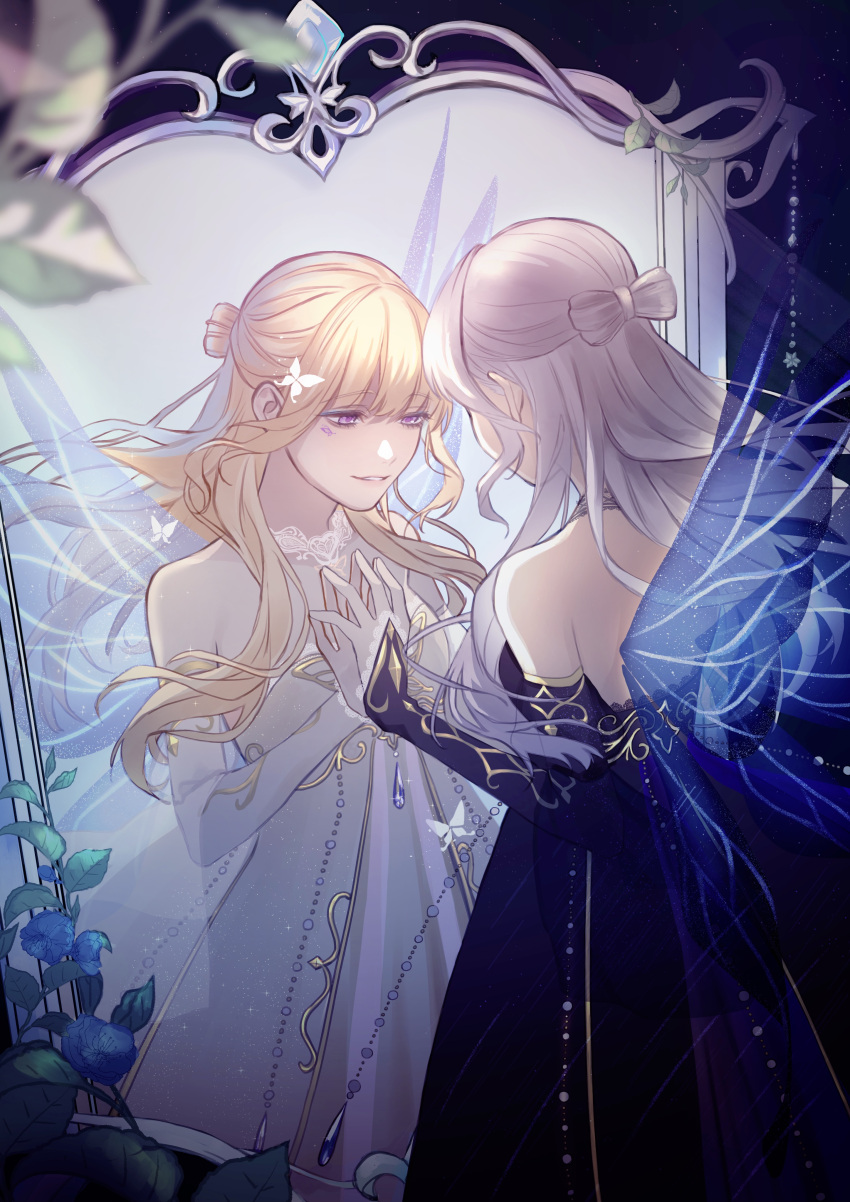 1girl, absurdres, bare_shoulders, black_bridal_gauntlets, black_choker, black_dress, black_vs_white, blonde_hair, blue_eyeshadow, blue_gemstone, bow-shaped_hair, bridal_gauntlets, bug, butterfly, butterfly_facial_mark, choker, cowboy_shot, different_reflection, dress, eyeshadow, facial_mark, facing_away, fairy_wings, full-length_mirror, gem, half_updo, hand_on_mirror, highres, lace, lace_choker, leaf, light_particles, long_hair, looking_at_mirror, makeup, mirror, nikki_(series), parted_lips, pink_eyes, piyo_8080, plant, reflection, reflection_focus, shining_nikki, sidelocks, solo, standing, strapless, strapless_dress, vines, white_bridal_gauntlets, white_butterfly, white_choker, white_dress, white_hair, wings, wispy_bangs