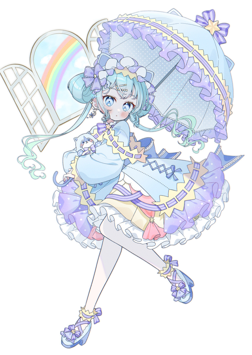 1girl, absurdres, blue_bow, blue_eyes, blush, bow, double_bun, dress