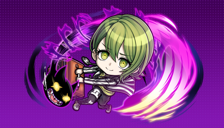 1boy, androgynous, bag, chibi, chibi_only, full_body, furrowed_brow, green_eyes