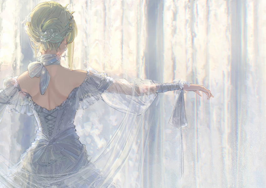 1girl, absurdres, back, blonde_hair, curtains, dress, earrings, from_behind