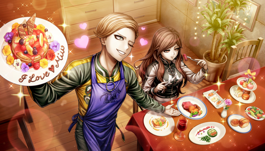 1boy, 1girl, apron, black_jacket, blonde_hair, blue_apron, brown_eyes, brown_hair