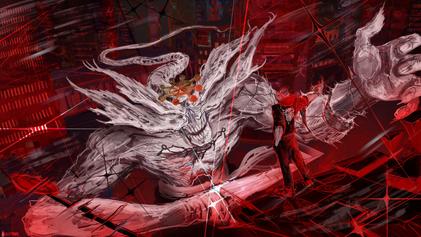 building, hand_in_pocket, jujutsu_kaisen, mahoraga_(jujutsu_kaisen), nitrovu, ryoumen_sukuna_(jujutsu_kaisen), skyscraper, tagme