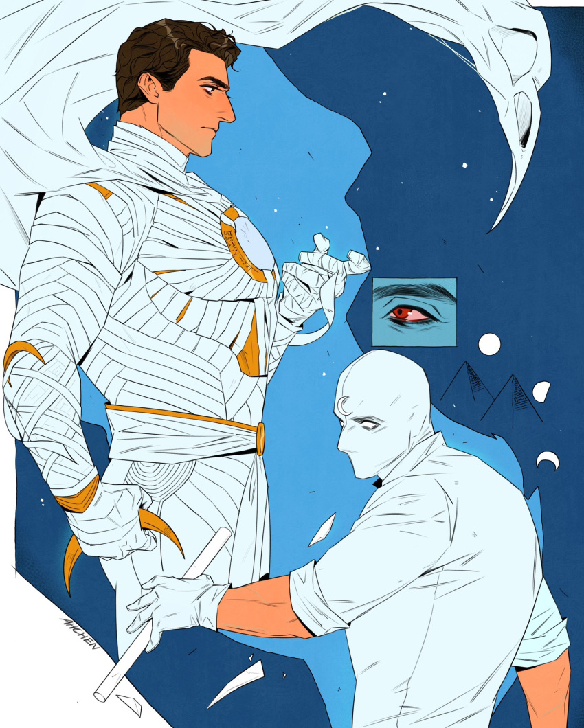 2boys, armlet, artist_name, bandages, blue_background, bodysuit, border, brown_eyes