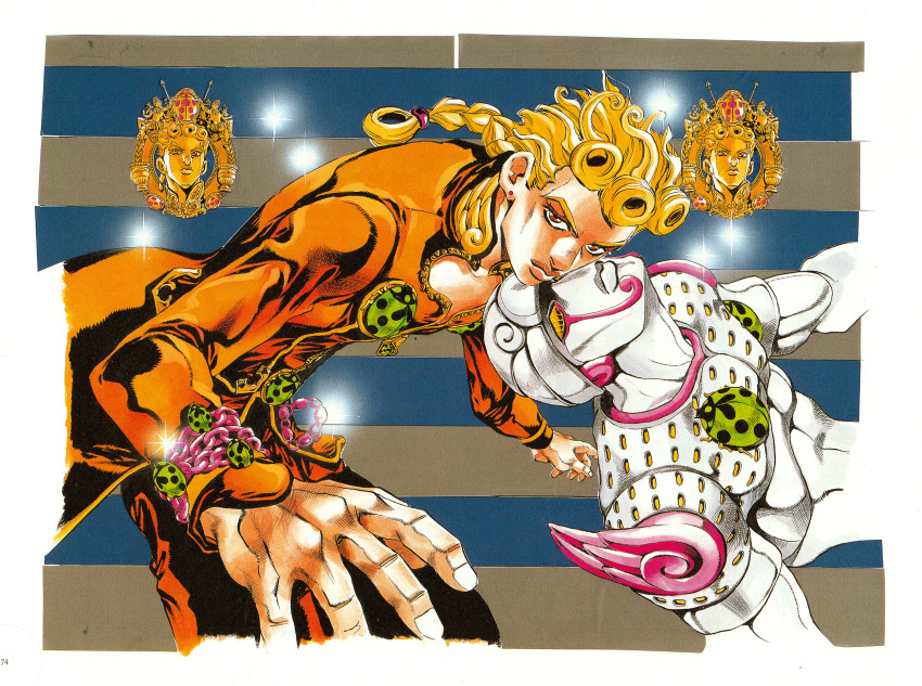 1boy, 1other, araki_hirohiko, blonde_hair, braid, bug, colored_skin, compound_eyes, earrings, giorno_giovanna, gold_experience, hatching_(texture), helmet, high_collar, highres, jacket, jewelry, jojo_no_kimyou_na_bouken, ladybug_ornament, linear_hatching, lips, looking_at_viewer, male_focus, non-web_source, official_art, orange_eyes, orange_jacket, orange_pants, pants, single_braid, sparkle, stand_(jojo), striped_background, traditional_media, vento_aureo, white_skin, wings_ornament