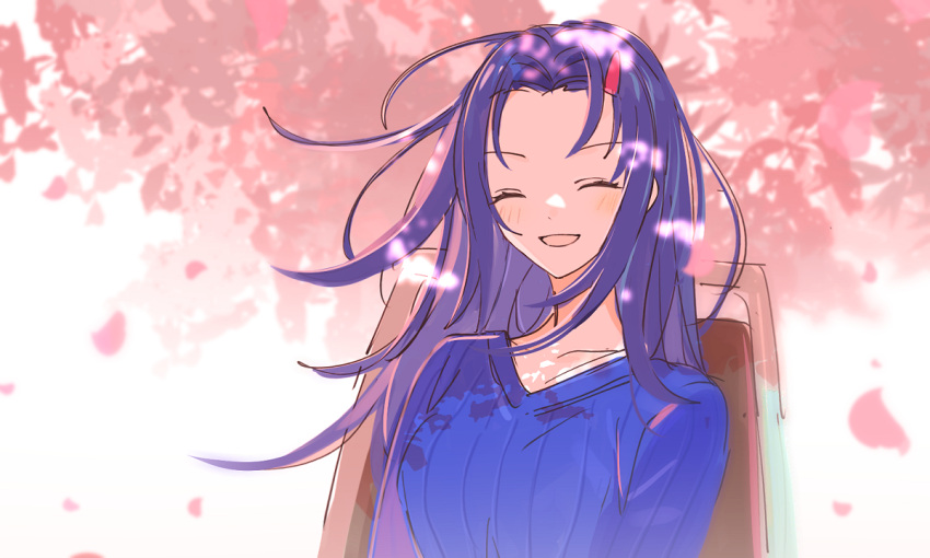 1girl, bloom, blue_sweater, breasts, cherry_blossoms, closed_eyes, facing_viewer, falling_petals