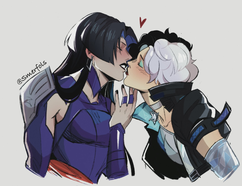 2girls, armor, black_hair, black_jacket, black_nails, blue_eyeshadow, blunt_ends, blush