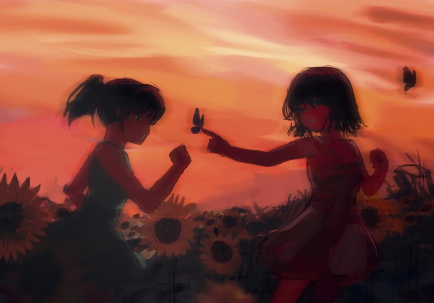 2girls, ashashio, backlighting, bug, butterfly, butterfly_on_hand, character_request, chinese_commentary