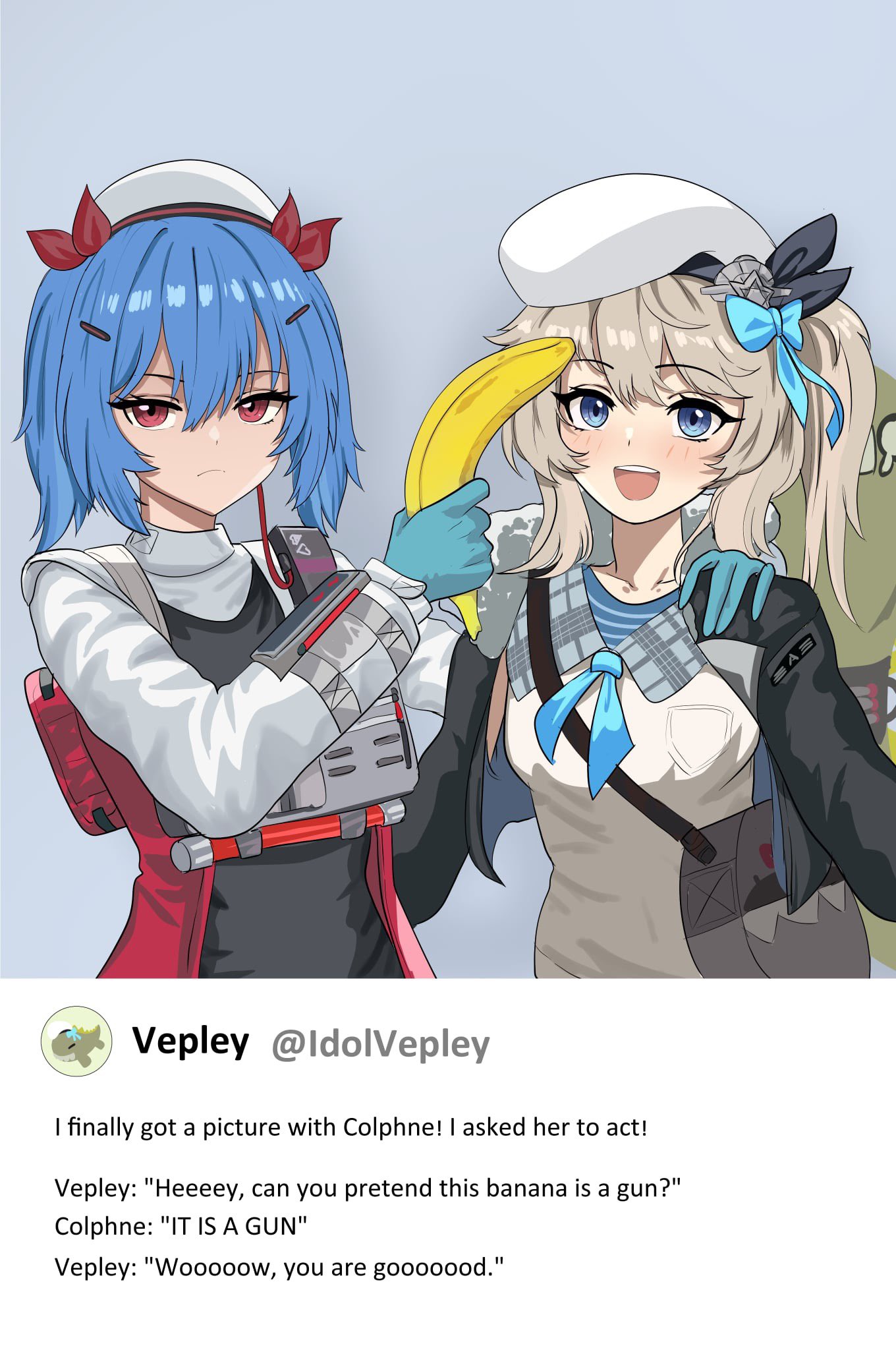 2girls, bag, banana, beret, black_jacket, blue_background, blue_eyes, blue_gloves