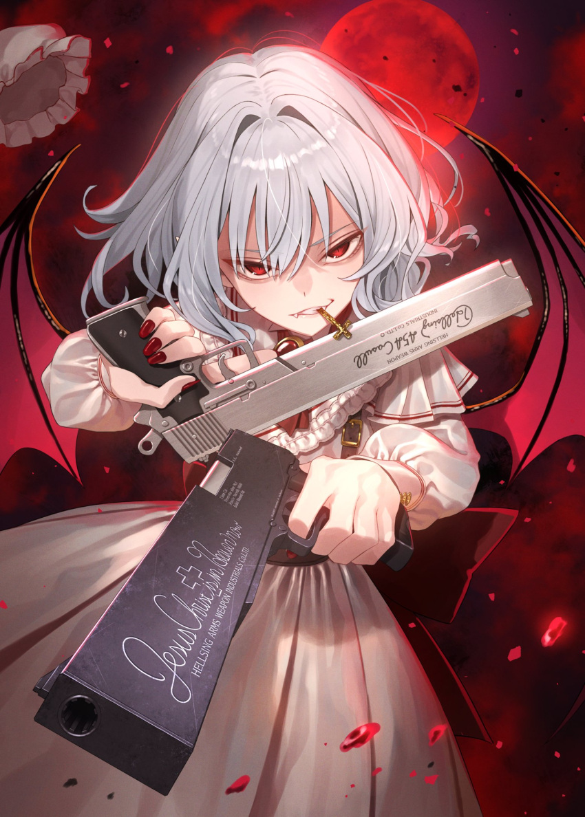 1girl, ascot, bat_wings, blue_hair, casull_(hellsing), cross, dress, dual_wielding, fang, greenkohgen, gun, handgun, hellsing, highres, holding, holding_gun, holding_weapon, jackal_(hellsing), moon, mouth_hold, red_ascot, red_eyes, red_moon, remilia_scarlet, short_hair, smile, solo, touhou, vampire, weapon, white_dress, wings