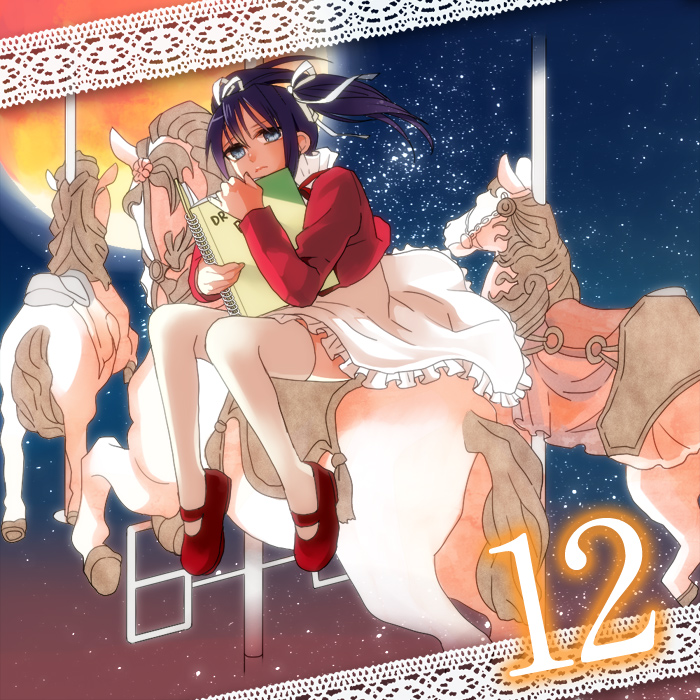 1girl, black_hair, blue_eyes, carousel, closed_mouth, eden_no_ori, full_moon, holding