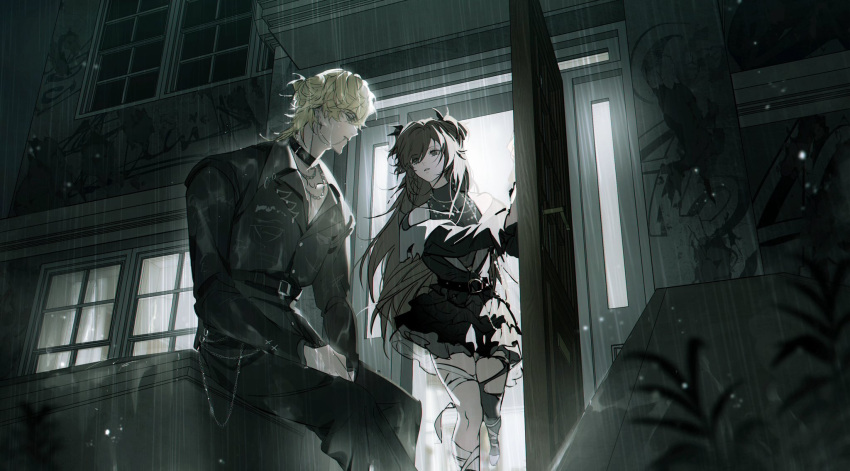 1boy, 1girl, black_collar, black_hair, black_jacket, black_pants, black_skirt, blonde_hair