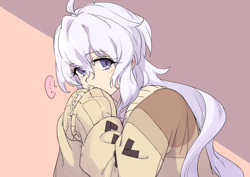 ..., 1girl, ahoge, brown_sweater, long_hair, looking_at_viewer, mokutan_mmmm, own_hands_together