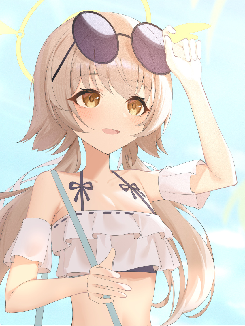1girl, absurdres, bare_shoulders, bikini, blue_archive, blue_skirt, breasts, brown_eyes