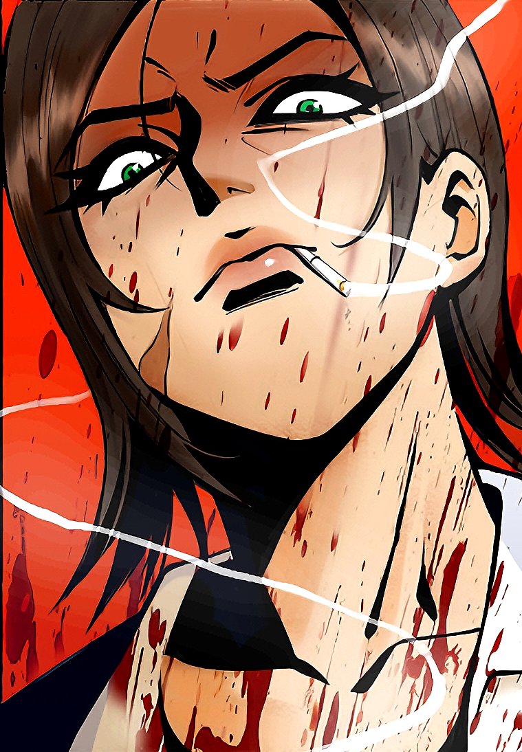 1girl, bailey_(degrees_of_lewdity), bailey_(female)_(degrees_of_lewdity), black_hair, blood, blood_on_clothes, blood_on_face, cigarette, collared_shirt, degrees_of_lewdity, green_eyes, looking_at_viewer, portrait, red_background, shirt, simple_background, smoking, solo, white_shirt, yetiwang1000