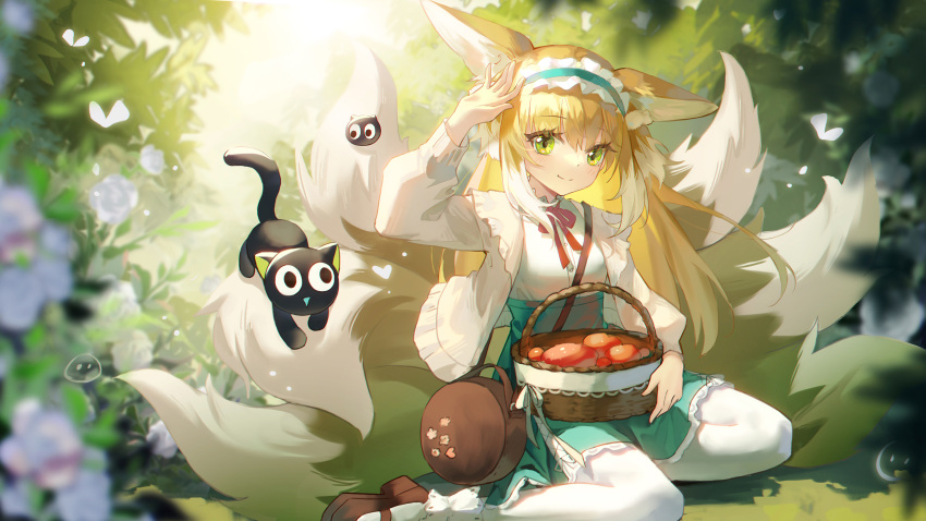 1girl, absurdres, animal_ears, arknights, arm_up, basket, blonde_hair, bloom