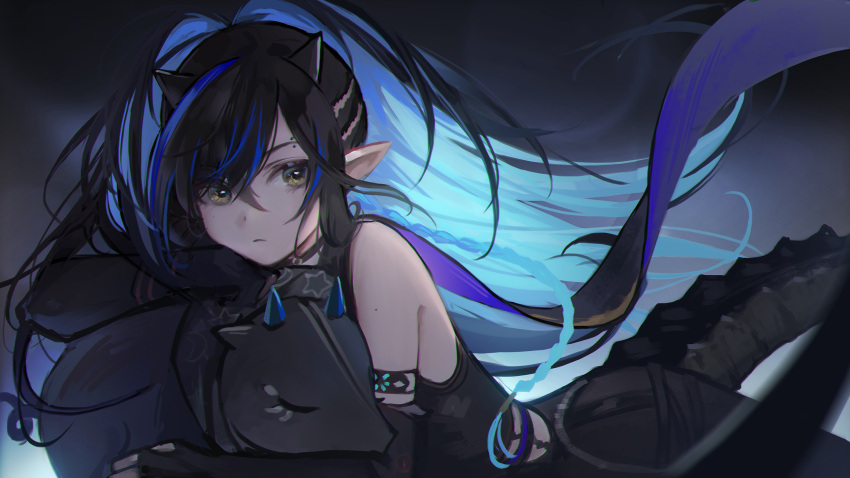 1girl, arknights, bare_shoulders, black_hair, black_horns, blacknight_(arknights), blue_hair, chinese_commentary