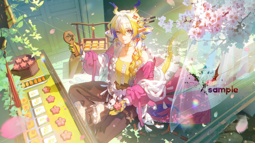 1girl, arknights, bare_shoulders, blonde_hair, braid, branch, brown_pants, cherry_blossoms