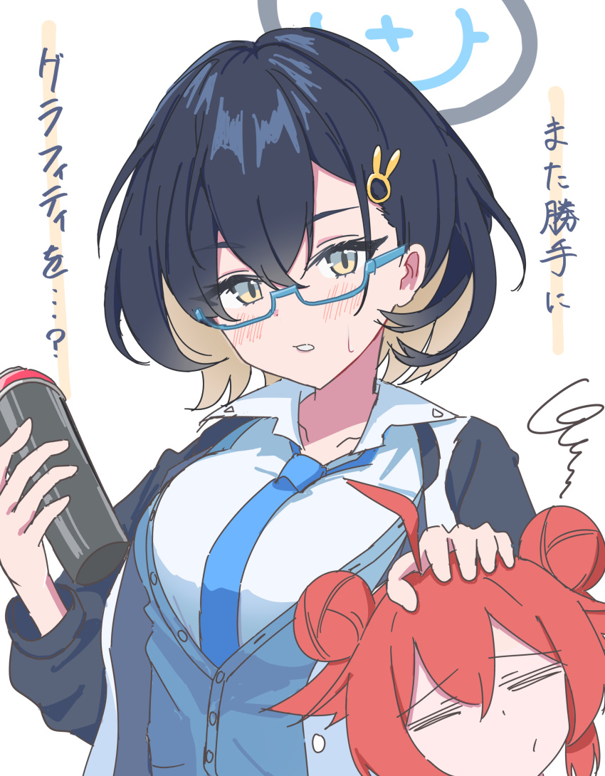 2girls, =_=, absurdres, ahoge, black_hair, black_jacket, blue-framed_eyewear, blue_archive, blue_halo, blue_necktie, blue_sweater_vest, blush, breasts, chihiro_(blue_archive), closed_mouth, collared_shirt, double_bun, glasses, grey_eyes, hair_bun, hair_ornament, halo, hand_on_another's_head, highres, holding_spray_can, jacket, large_breasts, maki_(blue_archive), medium_hair, minamimoto, multicolored_jacket, multiple_girls, necktie, open_clothes, open_jacket, parted_lips, rabbit_hair_ornament, red_hair, semi-rimless_eyewear, shirt, simple_background, sweatdrop, sweater_vest, teeth, translation_request, two-tone_jacket, under-rim_eyewear, white_background, white_jacket, white_shirt