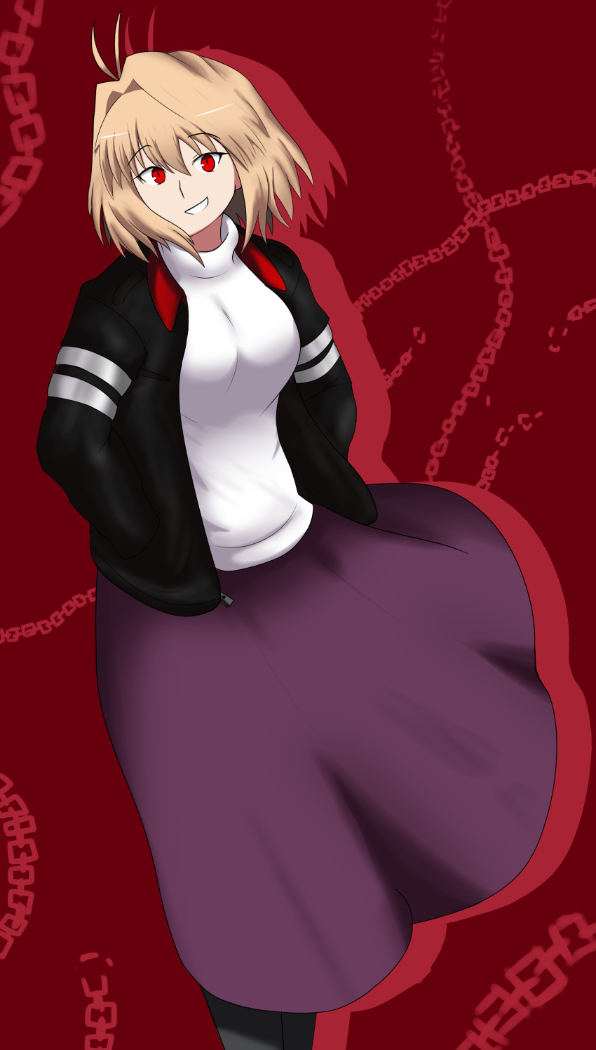 1girl, absurdres, ahoge, arcueid_brunestud, black_jacket, blonde_hair, breasts, broken