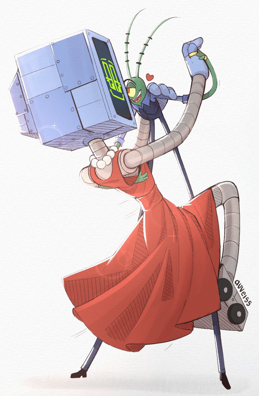 1boy, 1girl, antennae, artist_name, auveiss, crt, dress, heart