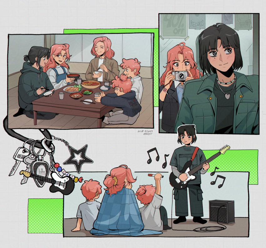 2boys, 3girls, ^_^, absurdres, age_difference, ahoge, amplifier, arm_up