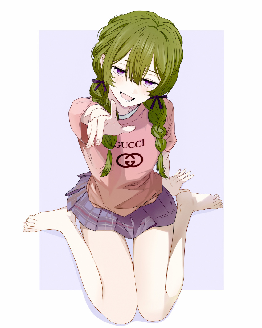 absurdres, braided_twintails, green_hair, highres, jmx_(j_m_x), looking_at_viewer, low_twintails, lower_teeth_only