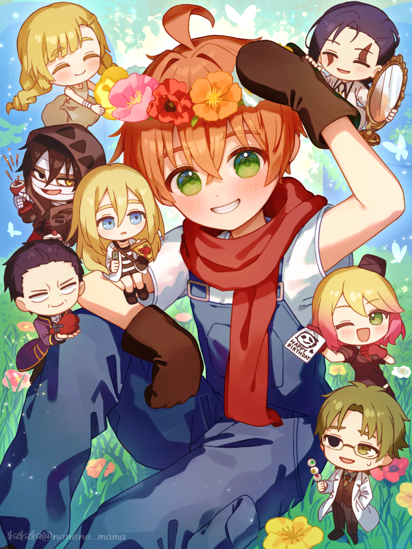 3girls, 5boys, ;d, abraham_gray_(satsuriku_no_tenshi), ahoge, artist_name, bag, blank_eyes