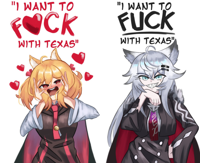 2girls, :d, ahoge, animal_ears, arknights, black_dress, black_jacket, blonde_hair, blush, commentary, dress, english_commentary, grey_hair, hair_ornament, hairclip, heart, highres, jacket, lappland_(arknights), lappland_the_decadenza_(arknights), long_sleeves, meme, mintmosse, multiple_girls, necktie, open_mouth, profanity, red_eyes, red_necktie, short_hair, simple_background, smile, sora_(arknights), twintails, white_background, wolf_ears