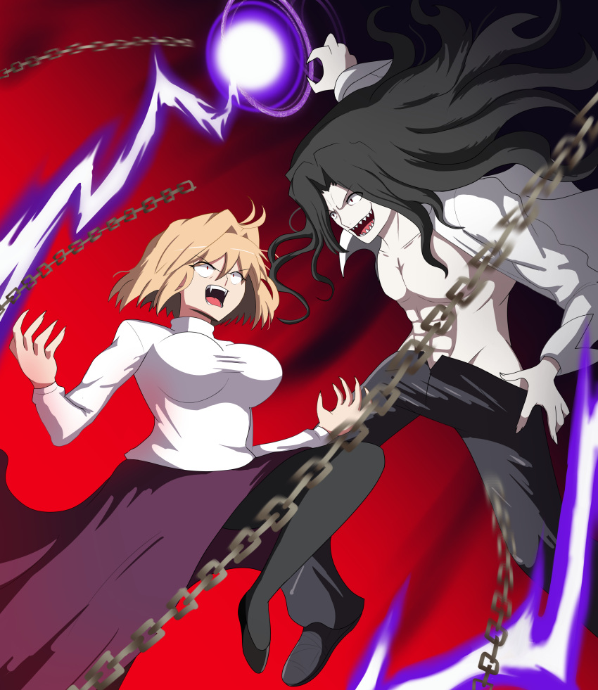 1boy, 1girl, abs, absurdres, ahoge, angry, antenna_hair, arcueid_brunestud