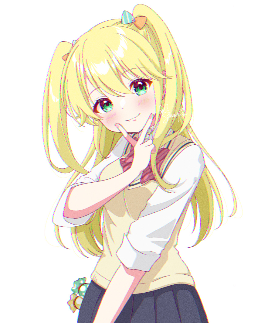 1girl, black_skirt, blonde_hair, blush, bow, fujisawa_yuzu, hair_between_eyes, hair_ornament