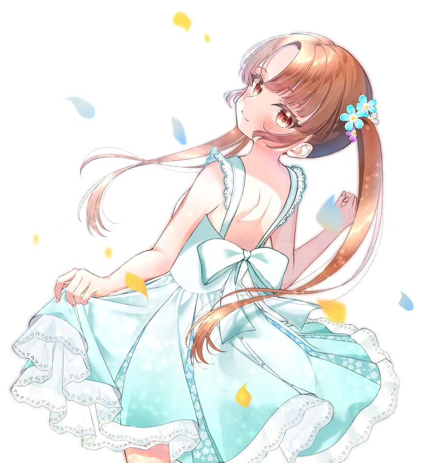 1girl, bare_arms, bare_shoulders, blush, bow, brown_eyes, brown_hair, closed_mouth